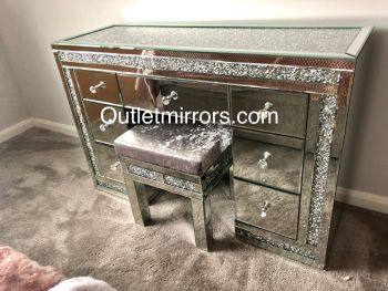 * Monica Diamond Crush Mirrored 7 Draw Dressing Table with a Diamond crush Top - in Stock