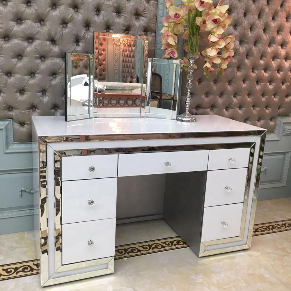 *Atlanta White & Mirrored 7 Draw Dressing Table with stool