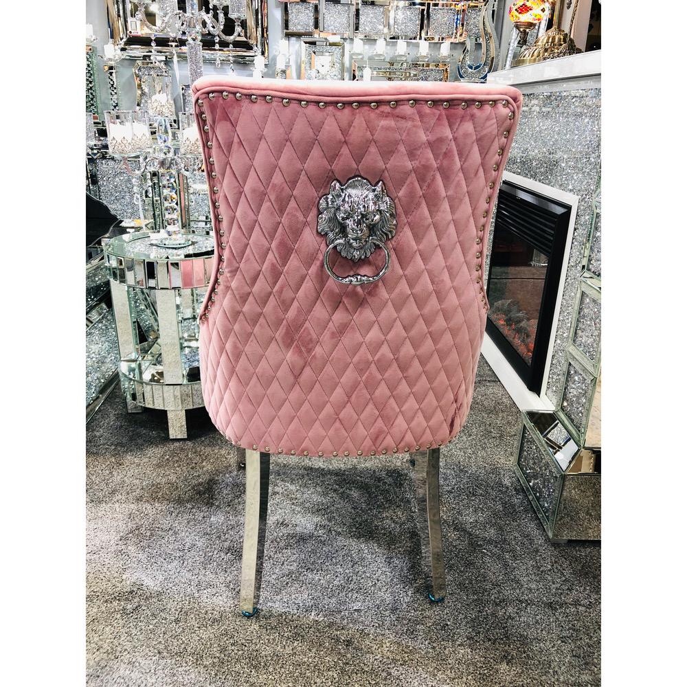 Lion Back Dining Chair Quilted Stitch Back Design in Pink with Chrome Leg