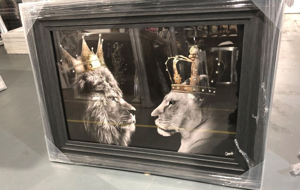 King Lion & Queen Lioness in a grey stepped framed 55cm x 65cm
