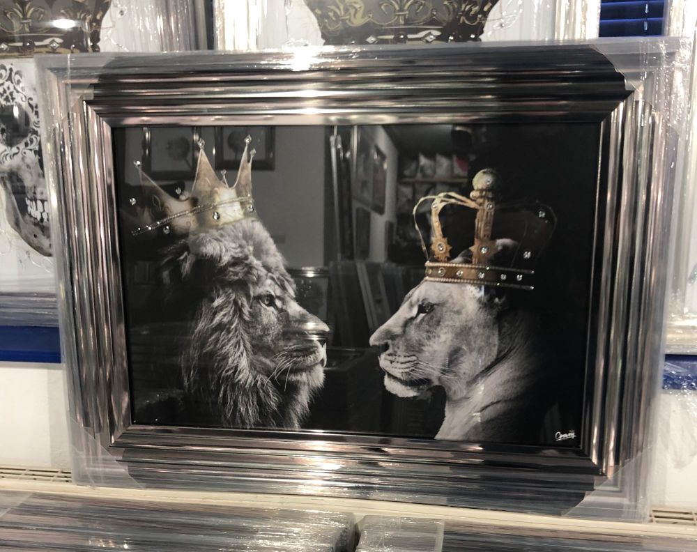 King Lion & Queen Lioness in a chrome Metallic Chrome stepped framed 55cm x 65cm