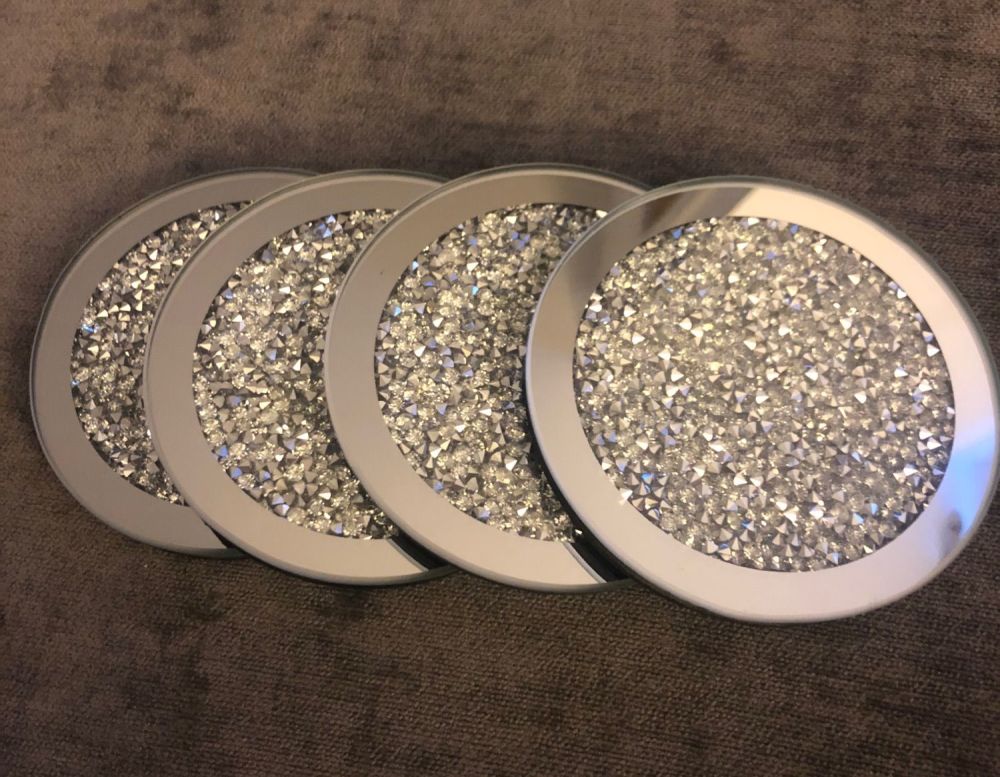 4x MODERN CRYSTAL AND MIRROR COASTER NEW SET OF 4 GLITTER CRUSHED DIAMANTE
