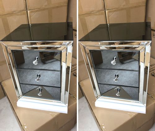 * Smoked Dark Grey Mirrored 3 Draw Bedside Chest x 2 in stock