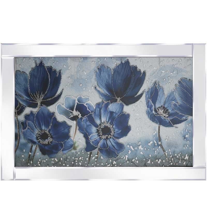 Mirror framed art print " Blue Poppies" 100cm x 60cm