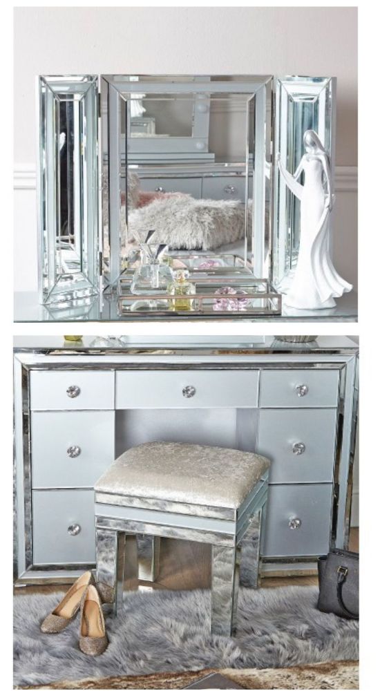 Zeus Mirrored Grey 7 Draw Dressing Table with Matching stool & Tri Fold Mirror