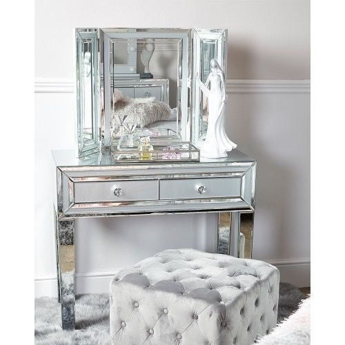Mirrored Grey 2 Draw Dressing Table, Stool & Tri Fold Mirror 
