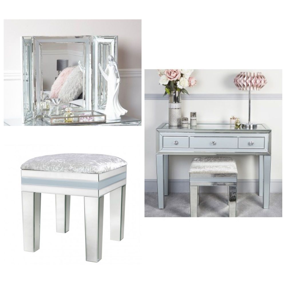  Mirrored Grey 3 Draw Dressing Table, Stool & Tri Fold Mirror 