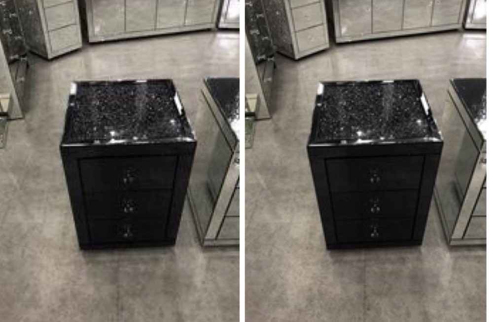 * Monica Diamond Crush Mirrored Black Pair of 3 Draw Bedside Chest with a