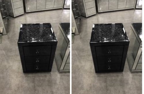 * Monica Diamond Crush Mirrored Black Pair of 3 Draw Bedside Chest with a