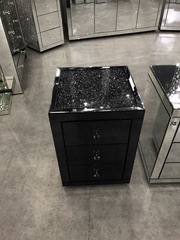 * Monica Diamond Crush Mirrored Black  Pair of  3 Draw Bedside Chest with a Diamond crush Top in stock
