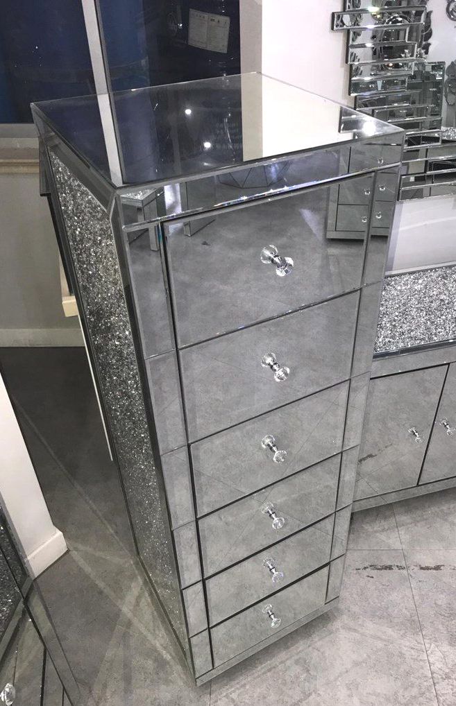 * Monica Diamond Crush Mirrored Silver 6 Draw Tallboy Chest with a Diamond crush sides - SPECiAL OFFER PRICE