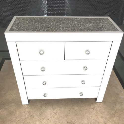 * Monica Diamond Crush Mirrored White 5 Draw Large Chest with a Diamond cru