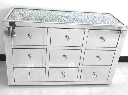 * Monica Diamond Crush Mirrored Silver 9 Draw Large Chest with a Diamond cr