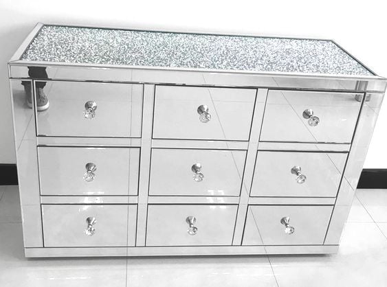 * Monica Diamond Crush Mirrored Silver 9 Draw Large Chest with a Diamond cr