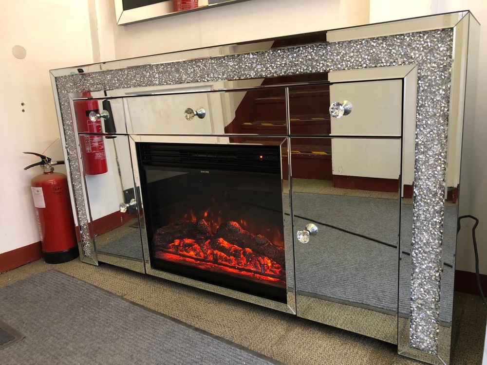 # Diamond Crush Sparkle Mirrored Sideboard 160cm - 2 Door 3 draw  with electric multi colour  fire