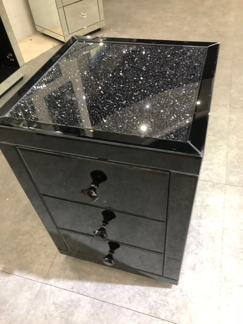 * Monica Diamond Crush Mirrored Black 3 Draw Bedside Chest with a Diamond crush Top