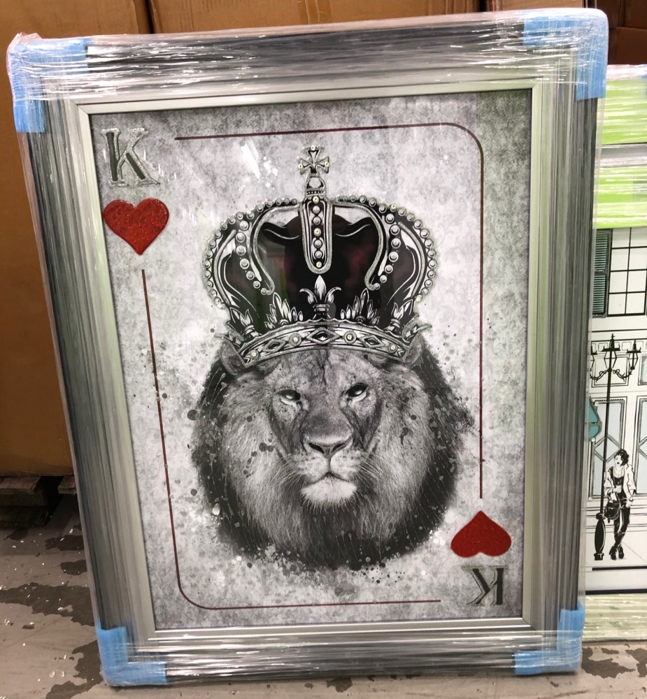 Mirror framed  Playing Card Art Wall Art  King of Heart Lion  in a 2 Tone frame