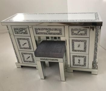 * Diamond Crush Mirrored Pillar 7 Draw Dressing Table with stool 