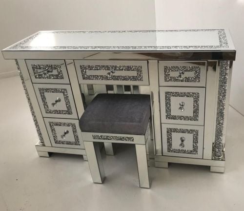 * Diamond Crush Mirrored Pillar 7 Draw Dressing Table with stool