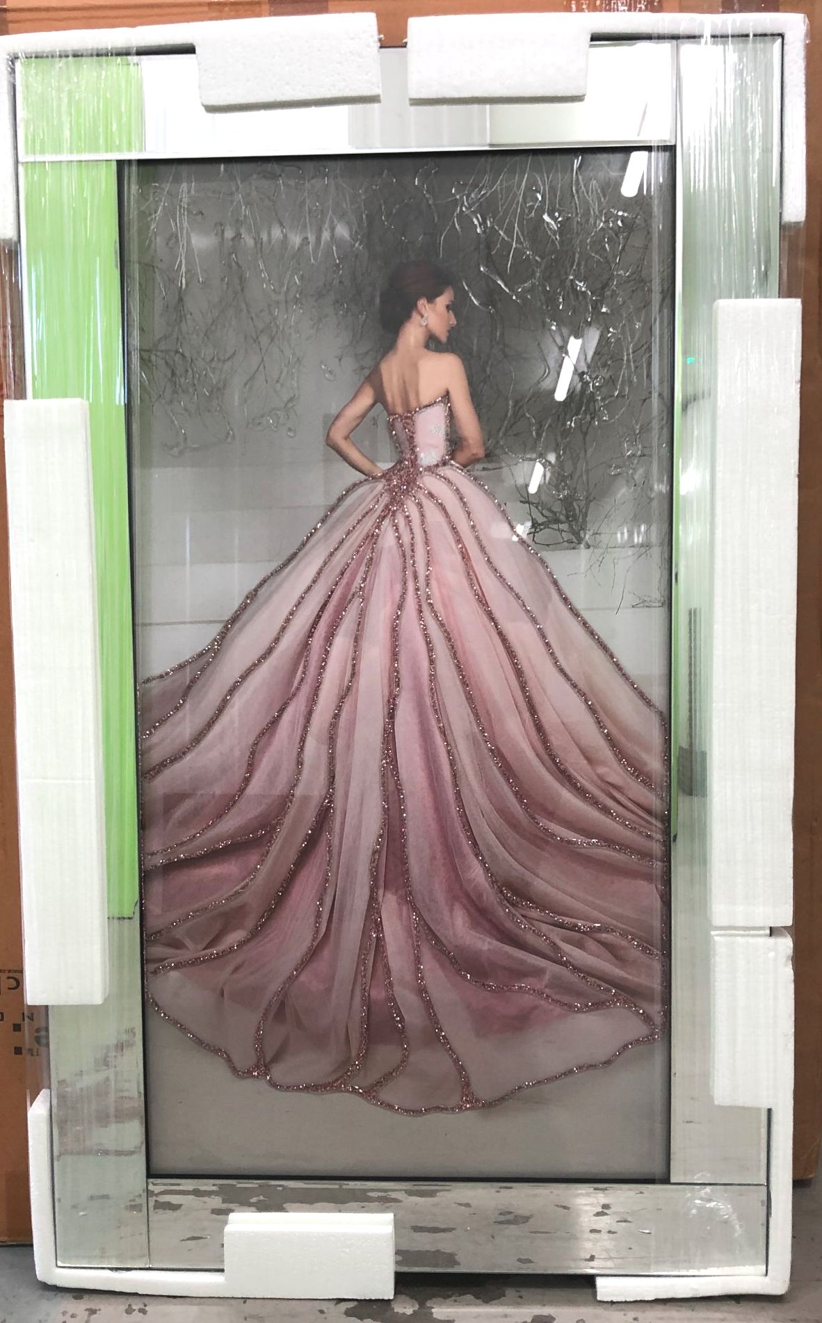 Mirror Framed Sparkle Art "Glamour Lady Pink Dress" 100cm x 60cm