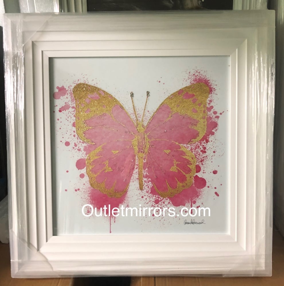 White stepped framed "Sparkle Butterfly Blush Pink & Gold" Wall Art 