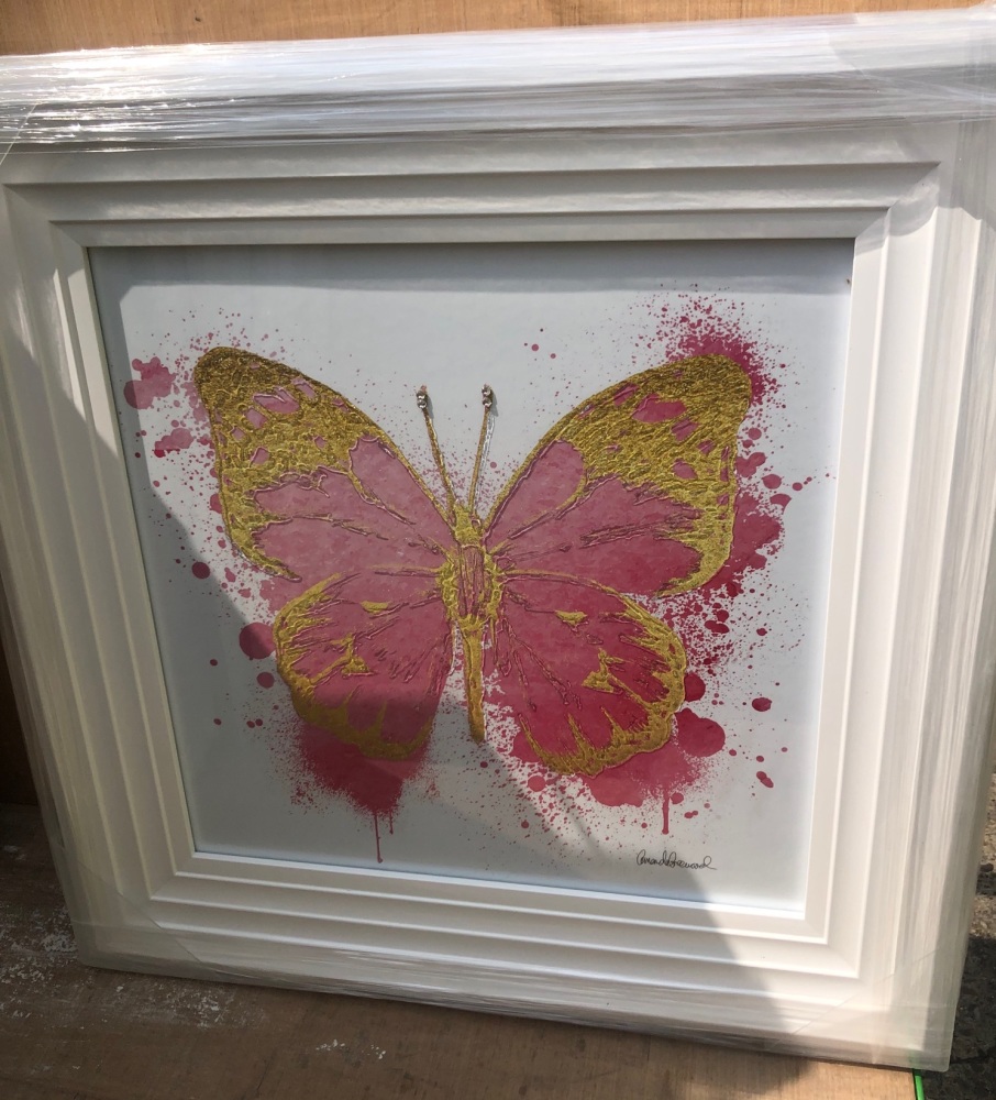 White stepped framed "Sparkle Butterfly Blush Pink & Gold" Wall Art 