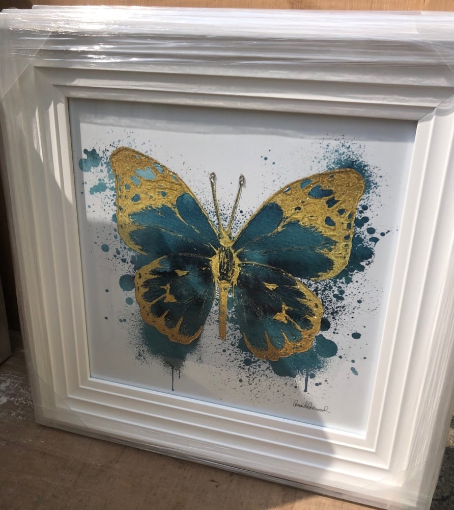 White stepped framed "Sparkle Butterfly Teale Blue & Gold" Wall Art 