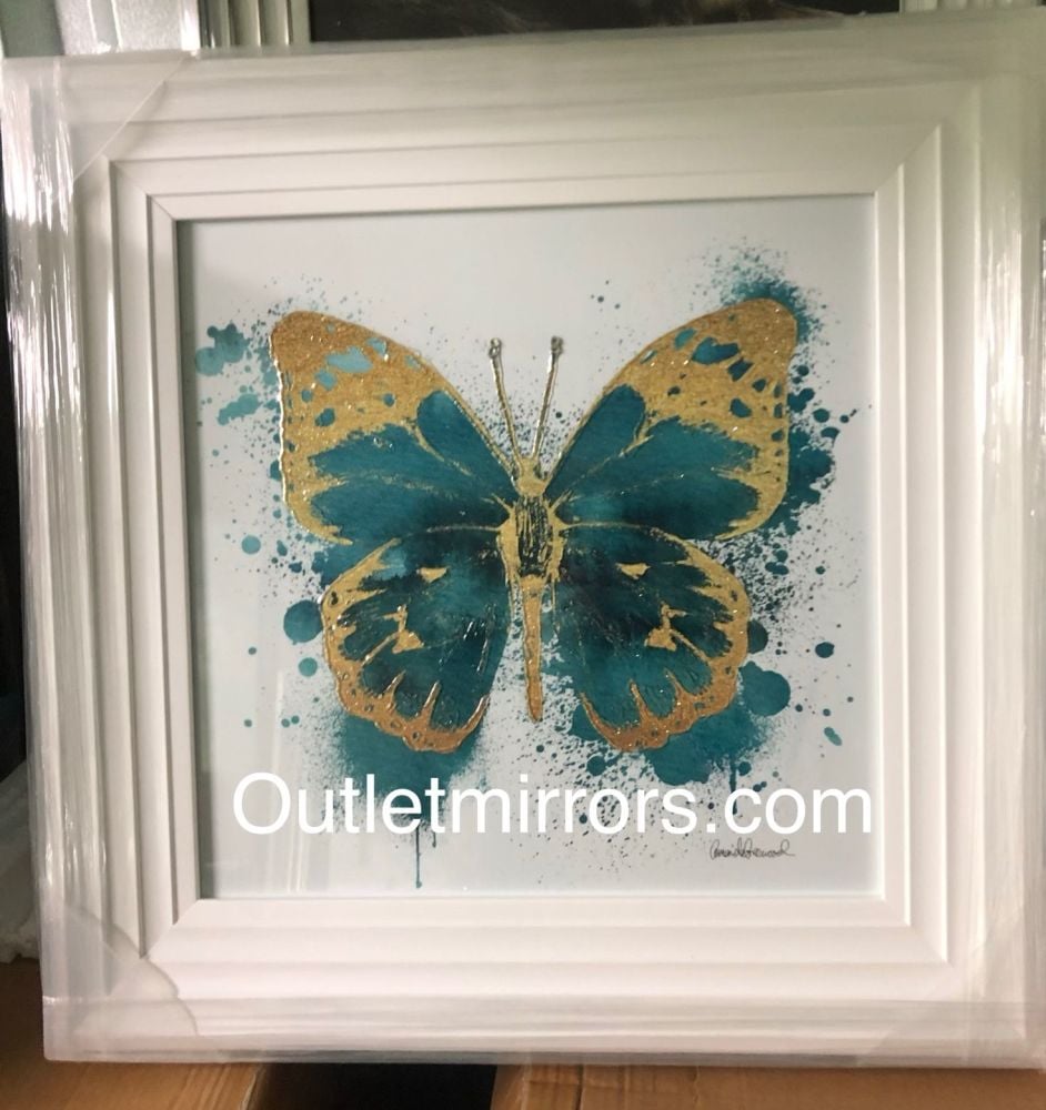 White stepped framed "Sparkle Butterfly Teale Blue & Gold" Wall Art 
