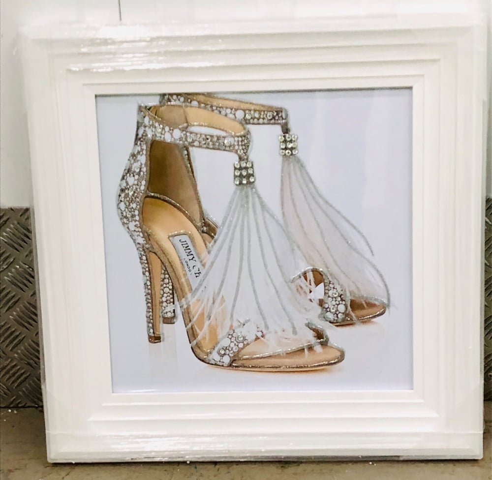 "Glitter Sparkle Shoes  in white stepped  frame 