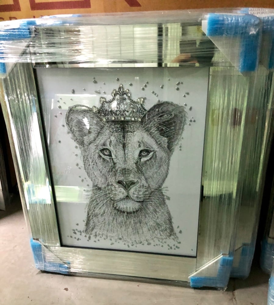 Mirror framed  Sparkle Lioness  in a mirror frame  55cm x 65cm