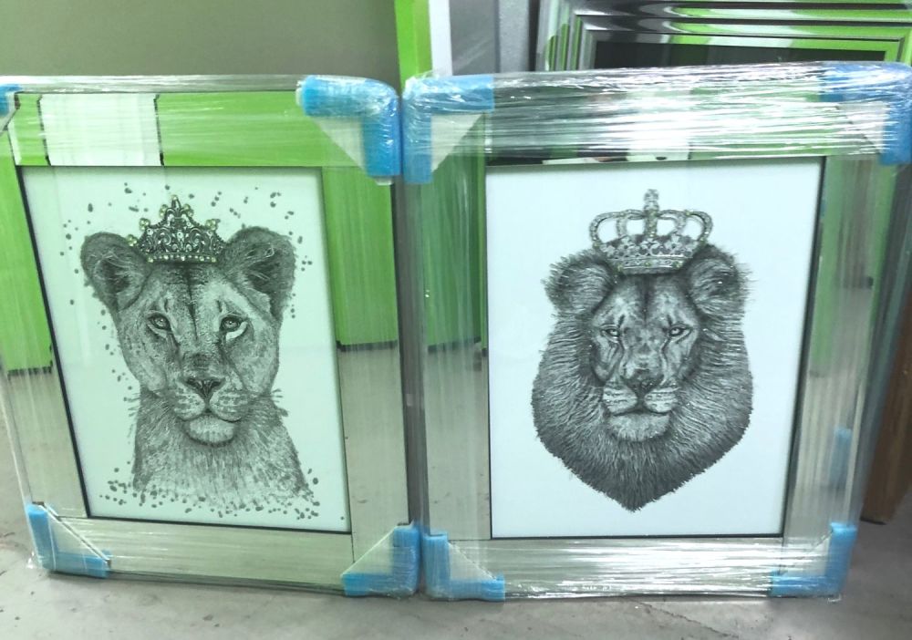 Mirror framed Sparkle Lion & Lioness Wall Art  65cm x 55cm