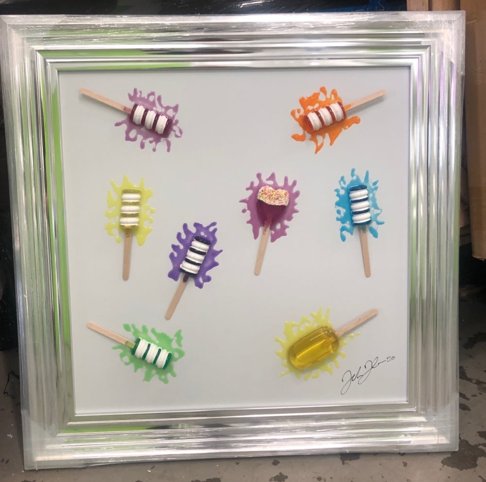 Jake Johnson 3D colourful Ice Pops wall art on a white gloss background in