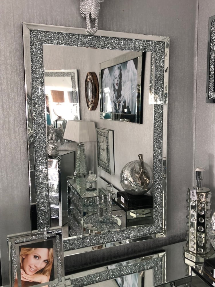 Living Room Hallway Diamond Crush Crystal Sparkly Silver Wall Mirror 60X80 
