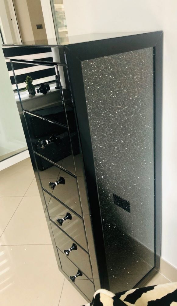 * Monica Diamond Crush Mirrored Black 6 Draw Tallboy Chest with a Diamond crush sides - in stock