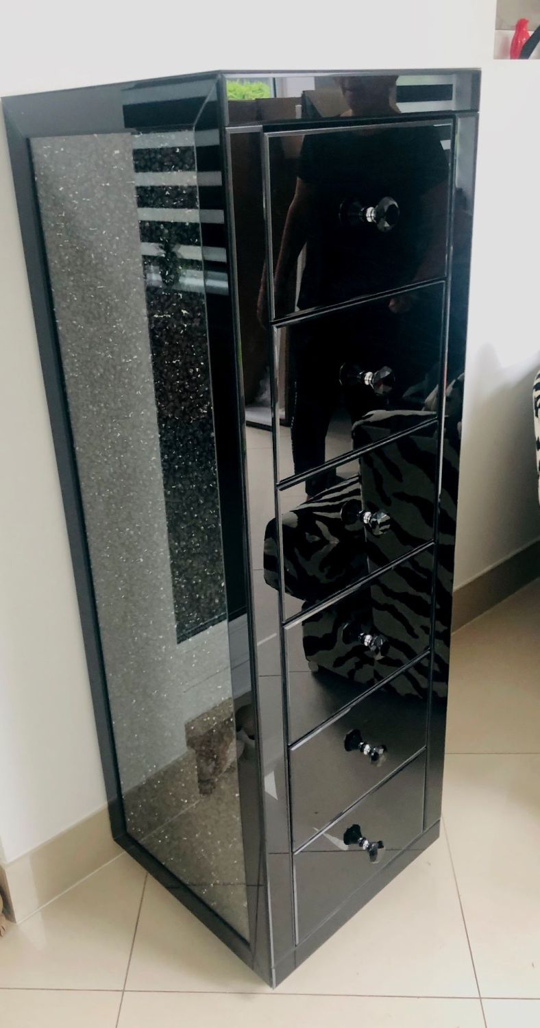 * Monica Diamond Crush Mirrored Black 6 Draw Tallboy Chest with a Diamond c
