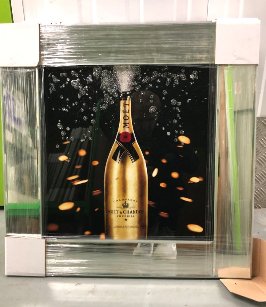 ** Moet Champagne Gold Glitter Art Mirrored Frame ** 57cm x 57cm in stock for a quick delivery