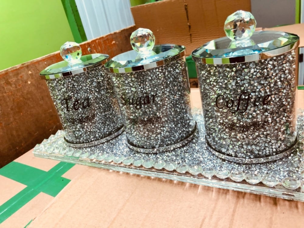 " New Diamond Crush Set of 3 Tea, Coffee and Sugar Jars with Diamond crush Tray  item in stock