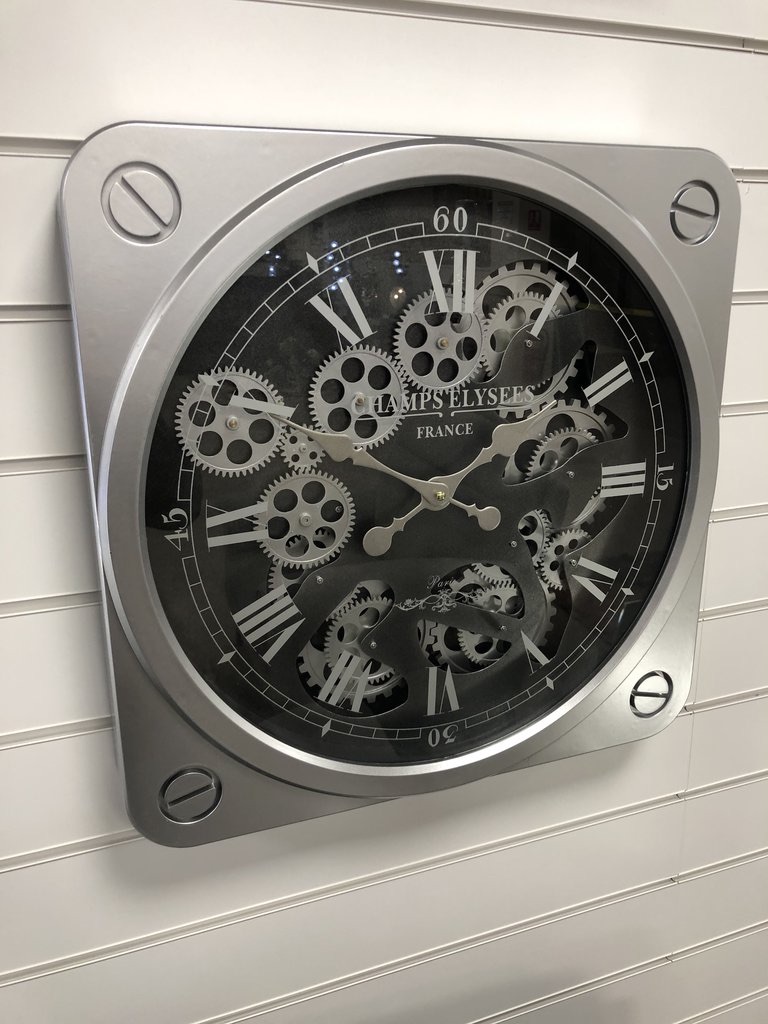 Silver & Black Square Skeleton Clock - 49.5cm 