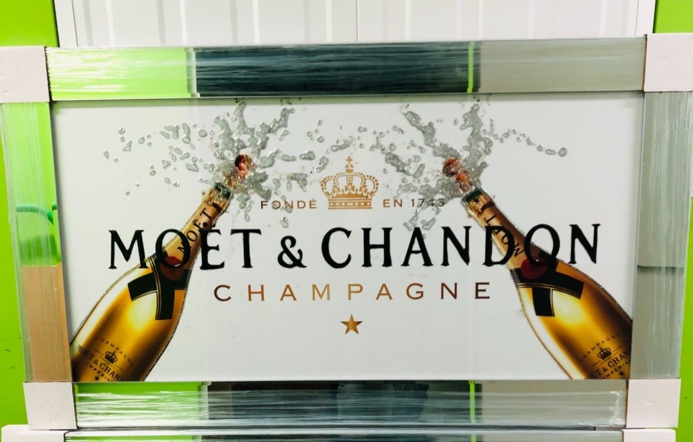 ** Moet Champagne White and Gold with Flutes Glitter Art in a Mirrored Fram