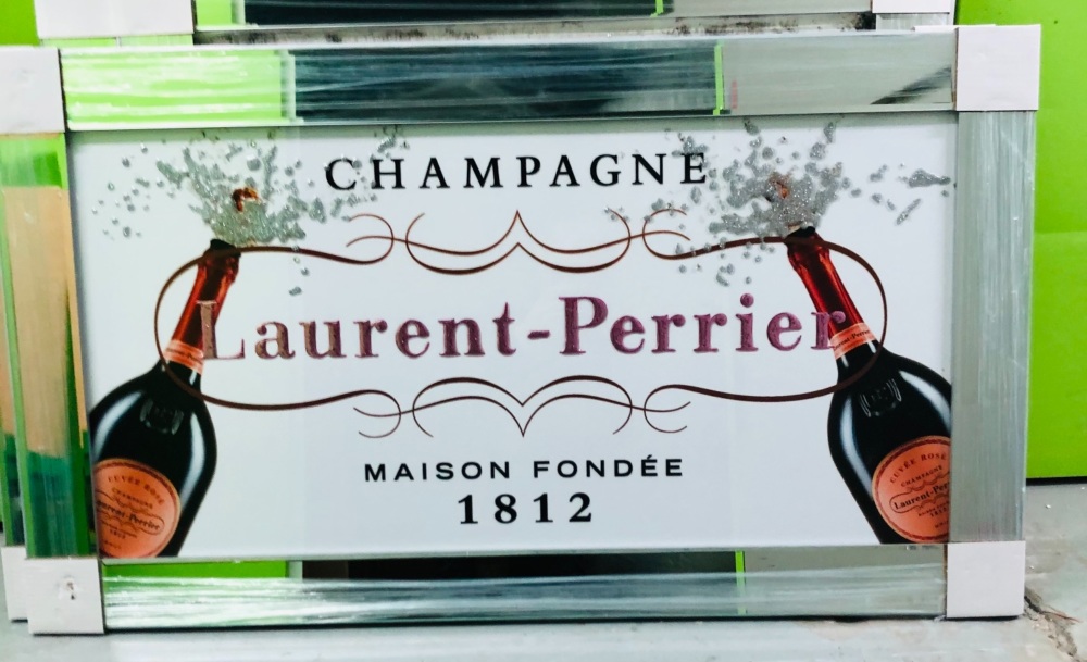 ** Laurent Perrier Champagne White Glitter Art in a Mirrored Frame ** 114cm x 65cm