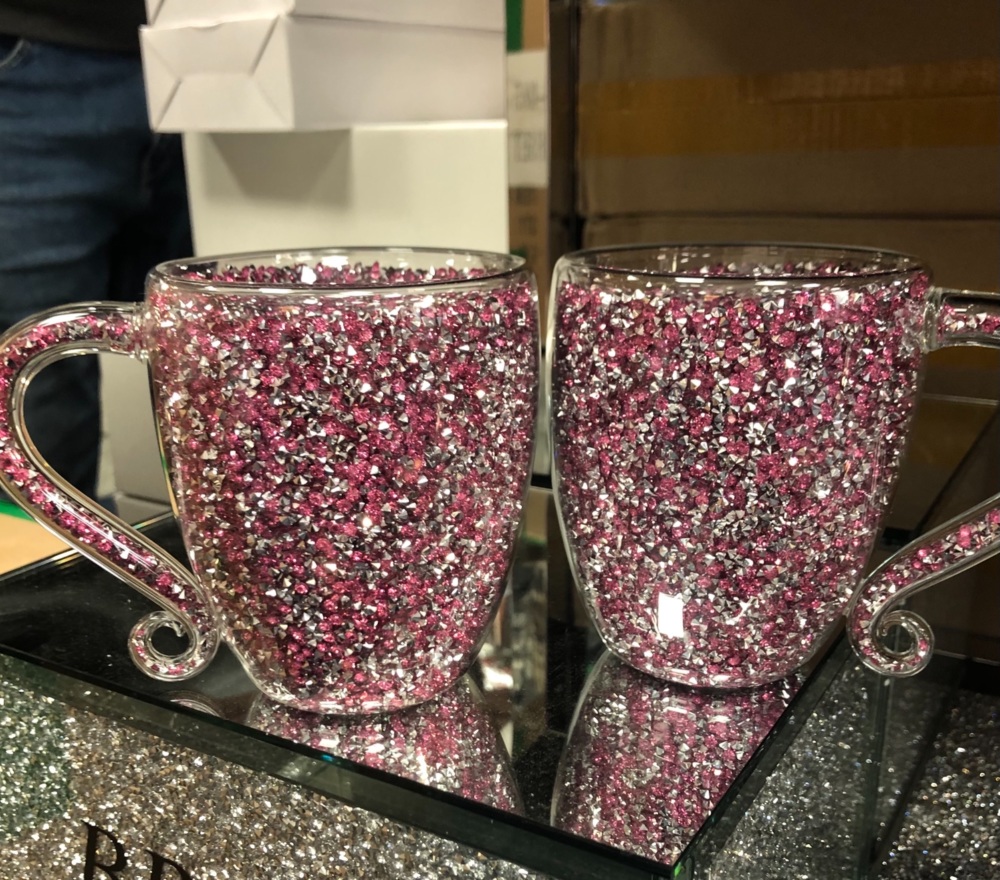 " New Diamond Crush Drinks Mugs  Large in Pink & Silver - item in stock set of 2