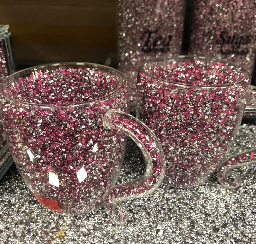 " New Diamond Crush Drinks Mugs  Large in Pink & Silver - item in stock set of 2