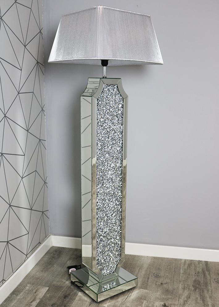 ^Diamond Crush Crystal Sparkle Shaped Wide Mirrored Tall Floor Lamp Silver shade