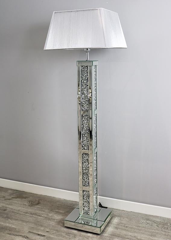 ^Diamond Crush Crystal Block Mirrored Floor Lamp 30.5cm x 142cm Silver Grey or White shade in stock