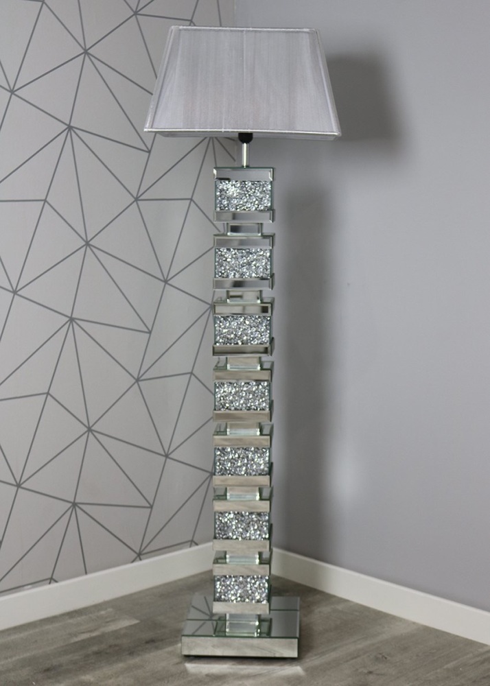 ^Diamond Crush Crystal Sparkle Mirrored Tall Venessa floor Lamp 30.5cm x 142cm grey shade in stock