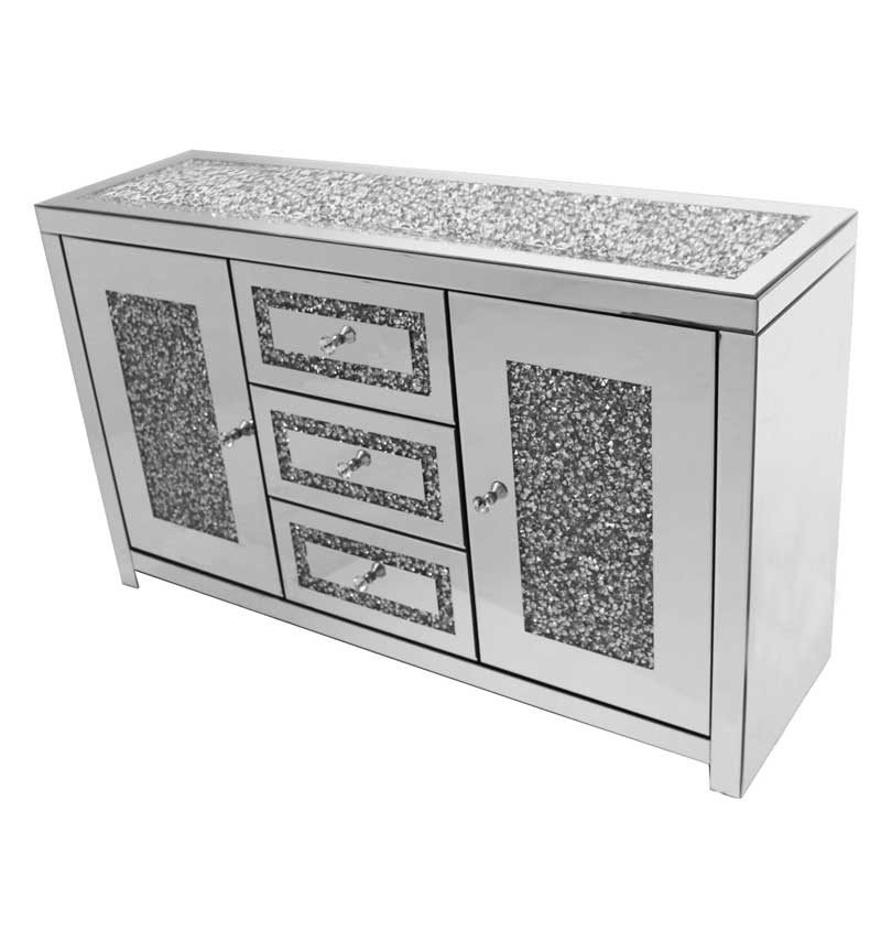 *Diamond Crush Sparkle Crystal Mirrored  Gatsby 3 draw 3 Door Sideboard with crystal Top 