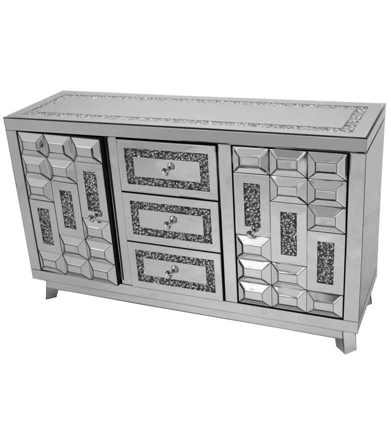 *Diamond Crush Sparkle Crystal Mirrored  Art Deco  3 draw 2 Door Sideboard with crystal Top 