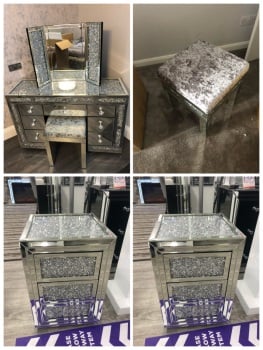 * Monica. Package Deal  Diamond Crush Mirrored 7 Draw Dressing Table with a Diamond crush Top, 2 chest of draws Crush Top & draws, 1 x stool and tri f