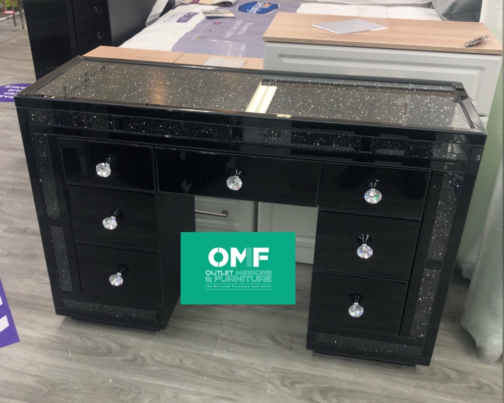 * Monica Diamond Crush Mirrored Black 7 Draw Dressing Table with a Diamond Crush Top