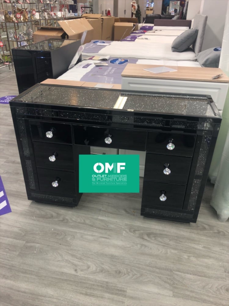 * Monica Diamond Crush Mirrored Black 7 Draw Dressing Table with a Diamond Crush Top